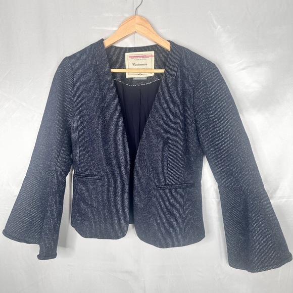 Anthropologie Cartonnier Navy Pinstriped Wool Blend Bell Sleeve Blazer Size 4 - Picture 5 of 14